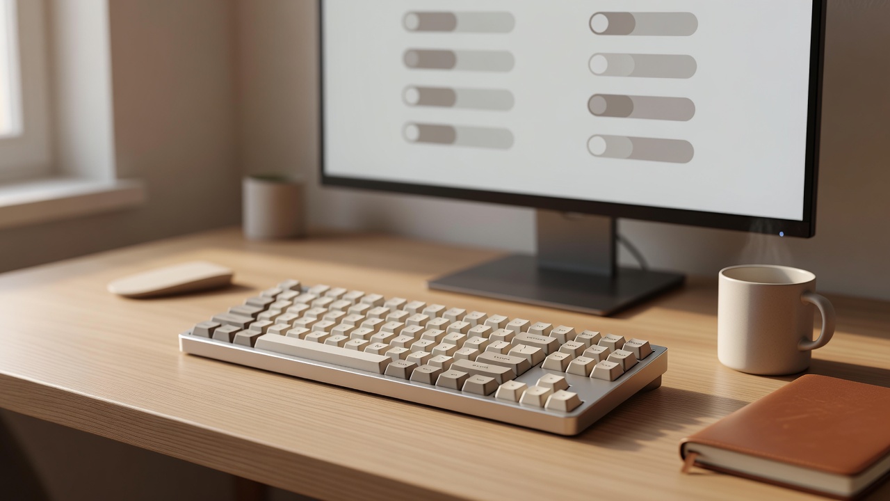 A desktop keyboard and display in a warm, uncluttered workspace
