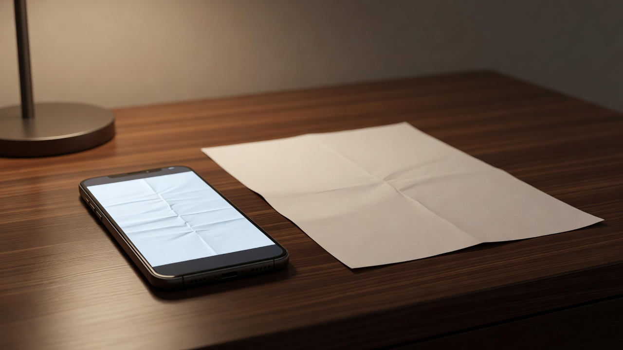 A phone beside a paper document on a softly illuminated desk